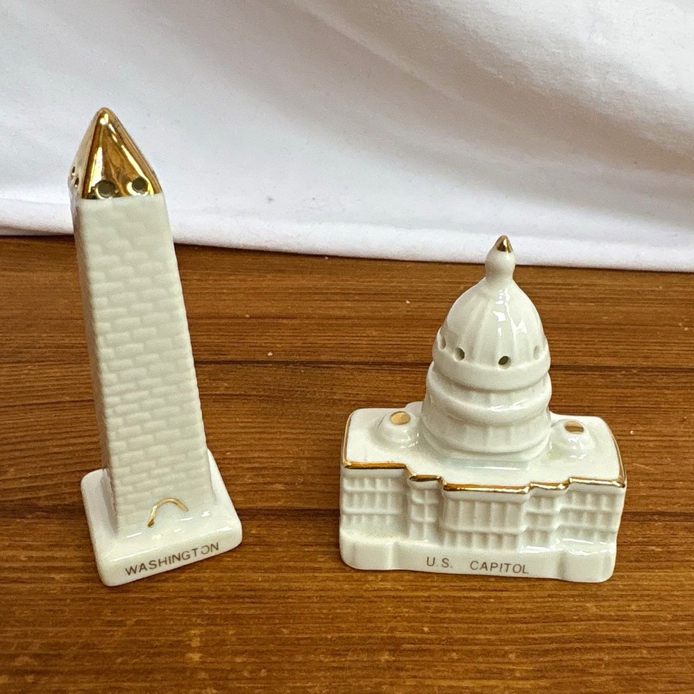 Washington DC U.S. Capitol & Monument Ceramic Salt Pepper Shakers White Gold